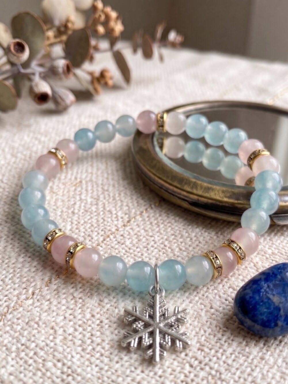 3/$20 New Handmade Pastel Blue Pink Glass Beaded Bracelet Silver Snowflake